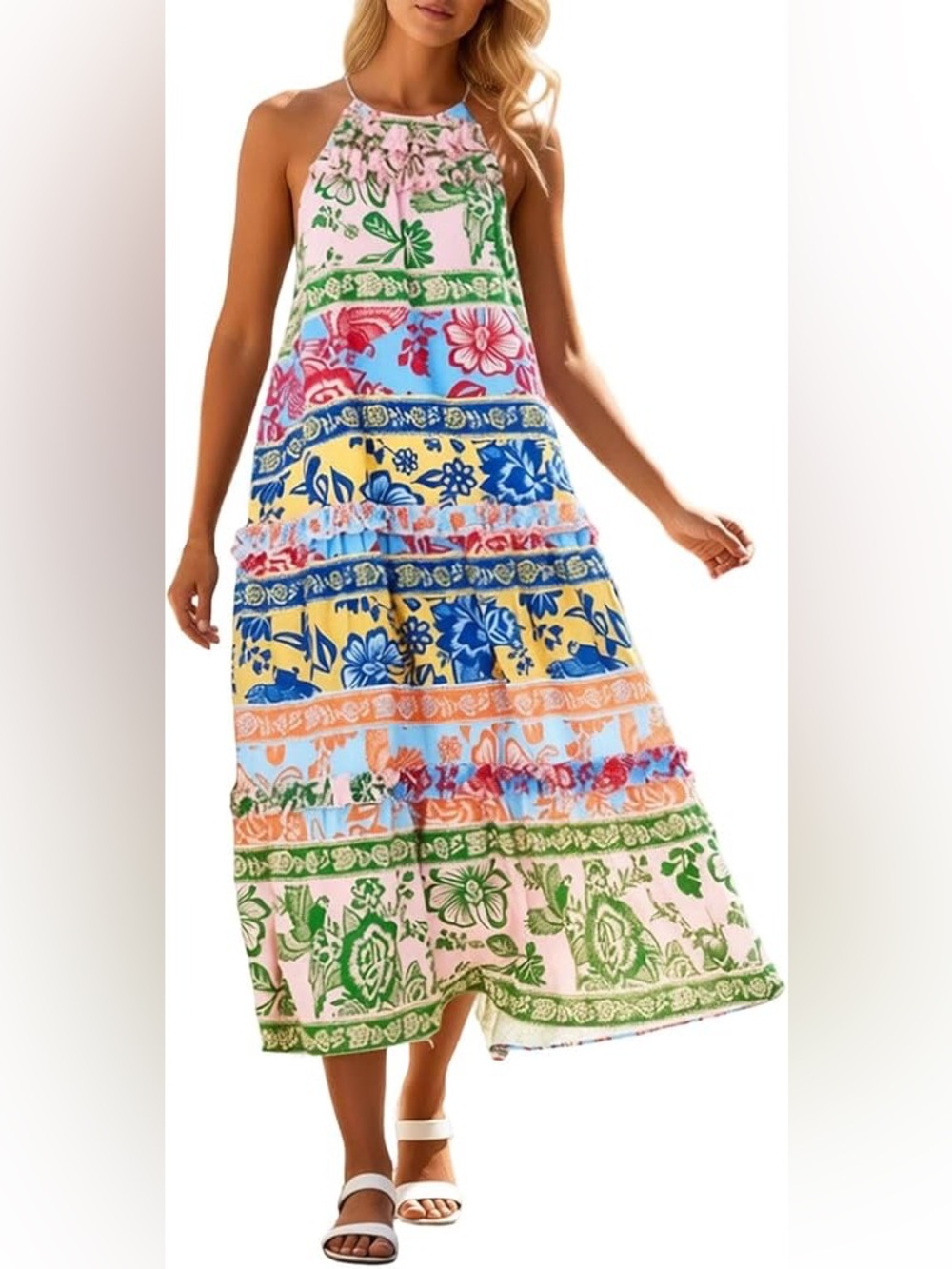 Grace Karin Boho Resort Beach Maxi Dress Floral Tier Ruffles Women’s Small NWT